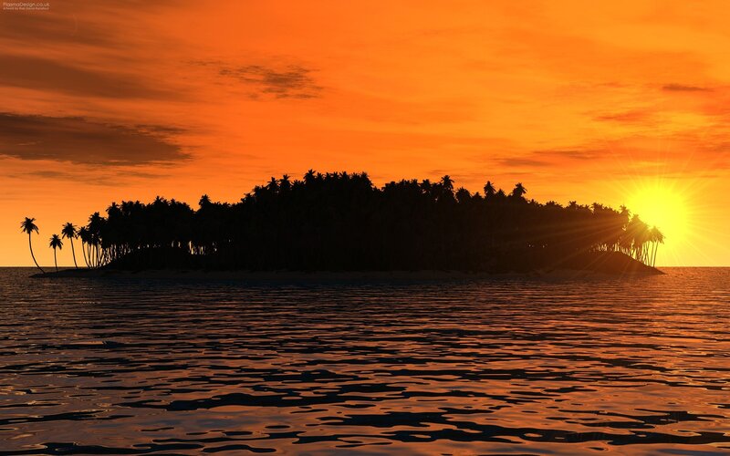 Tropical Island at Sunset — Orange, Serene, Digital Art, Palm Trees, Ocean