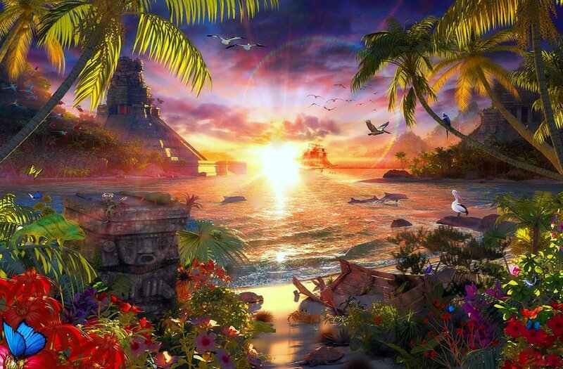 Tropical Island at Sunset — Orange, Serene, Digital Art, Palm Trees, Pyramid