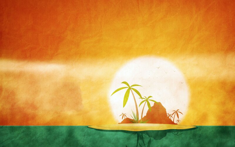 Tropical Island at Sunset — Orange, Serene, Digital Art, Palm Trees, Sun