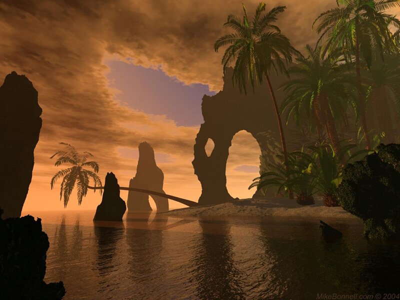 Tropical Island at Sunset — Orange, Serene, Digital Art