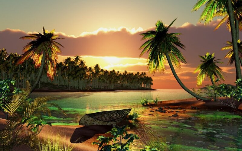 Tropical Island at Sunset — Orange, Serene