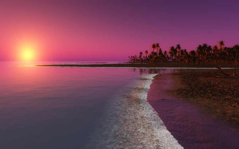 Tropical Island at Sunset — Purple, Serene, 3d Render