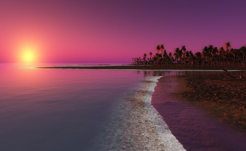 Tropical Island at Sunset — Purple, Serene, Digital Art, Palm Trees
