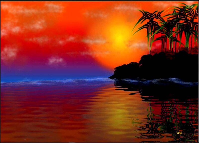 Tropical Island at Sunset — Red, Dramatic