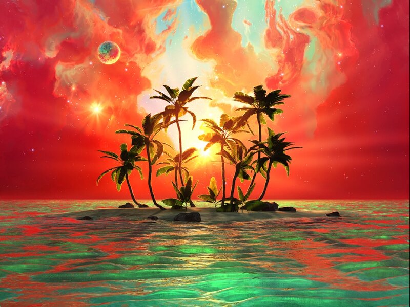 Tropical Island at Sunset — Red