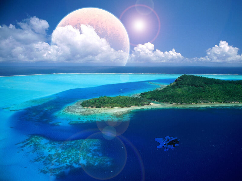Tropical Island Atoll — Blue, Serene, Afternoon, Digital Art, Moon