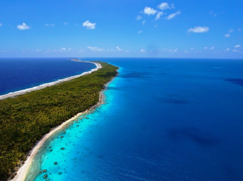 Tropical Island Atoll — Blue, Serene, Afternoon, Photograph, Ocean, Beach, Clouds