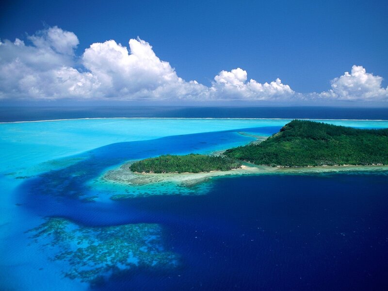 Tropical Island Atoll — Blue, Serene, Afternoon, Photograph, Ocean, Clouds