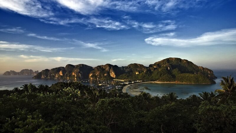 tropical island bay at sunset