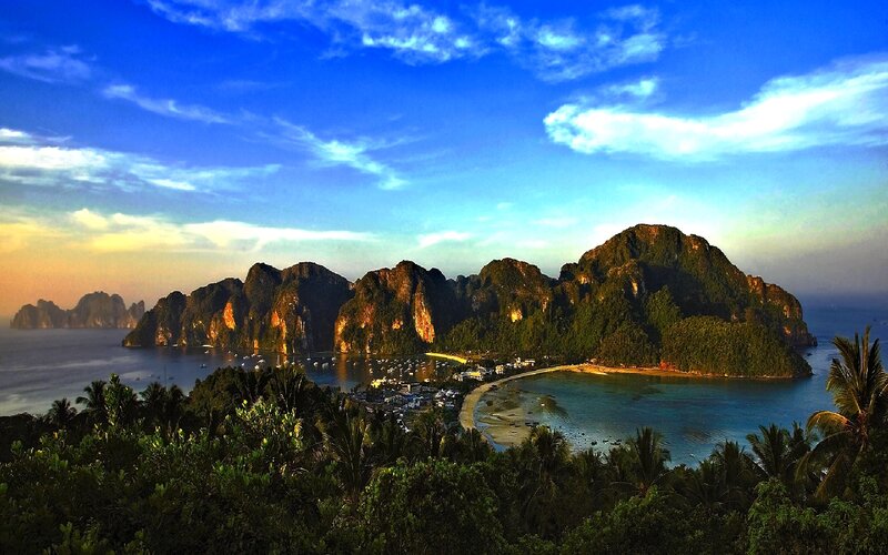 tropical island bay at sunset