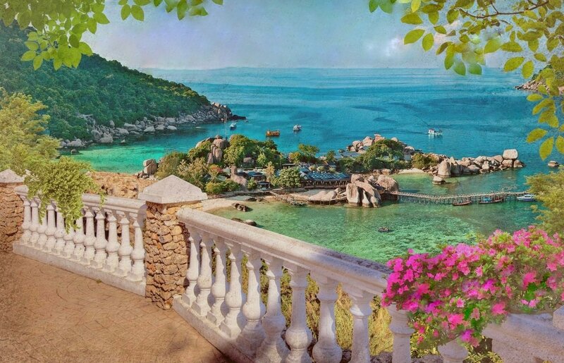 Tropical Island Bay — Blue, Serene, Afternoon, Painting