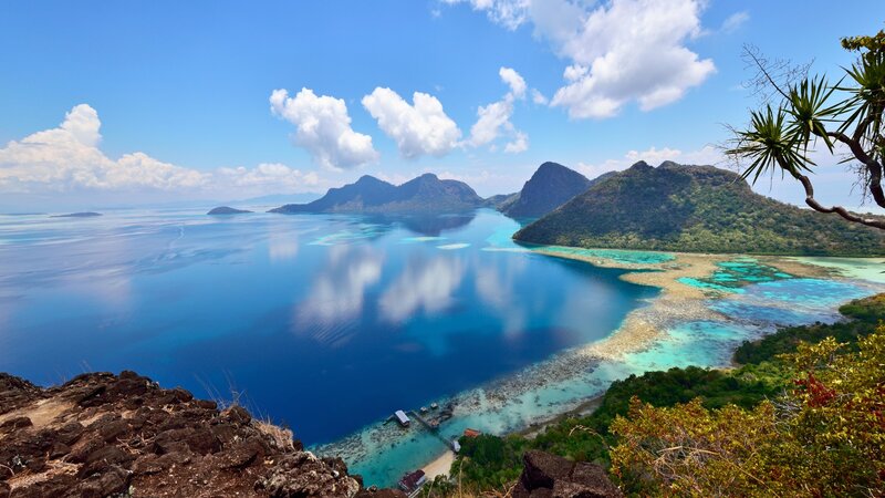 Tropical Island Bay — Blue, Serene, Afternoon, Photograph, Mountains, Coral Reef