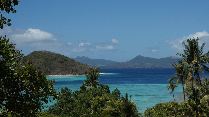Tropical Island Bay — Blue, Serene, Afternoon, Photograph, Palm Trees, Mountains, Ocean, Green