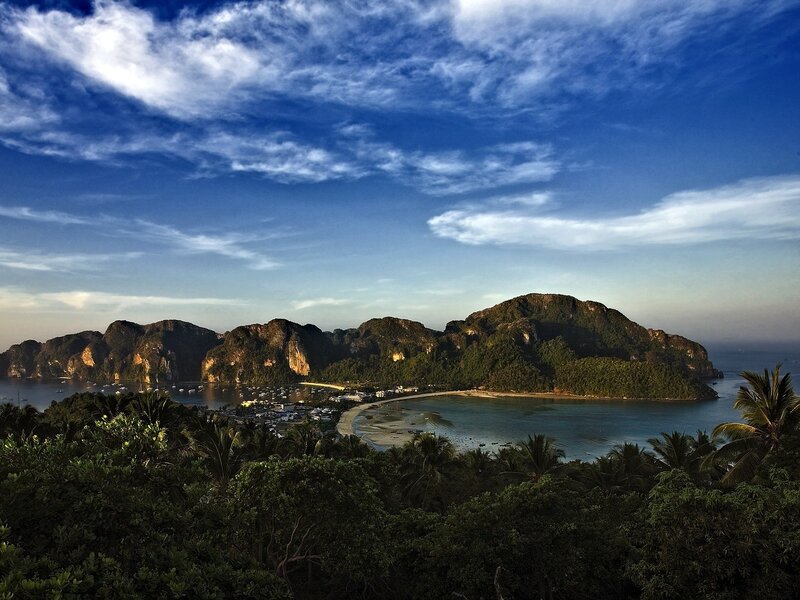 tropical island bay with karst mountains