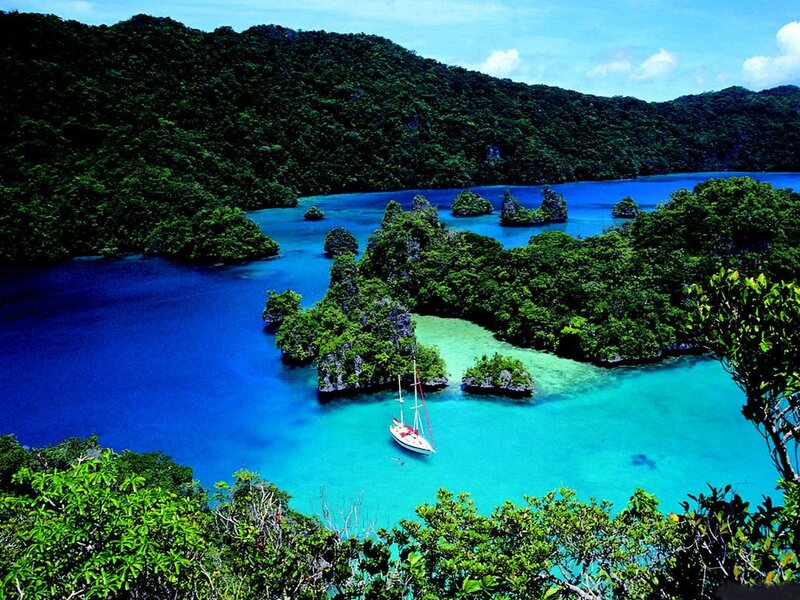 tropical island bay with sailboat