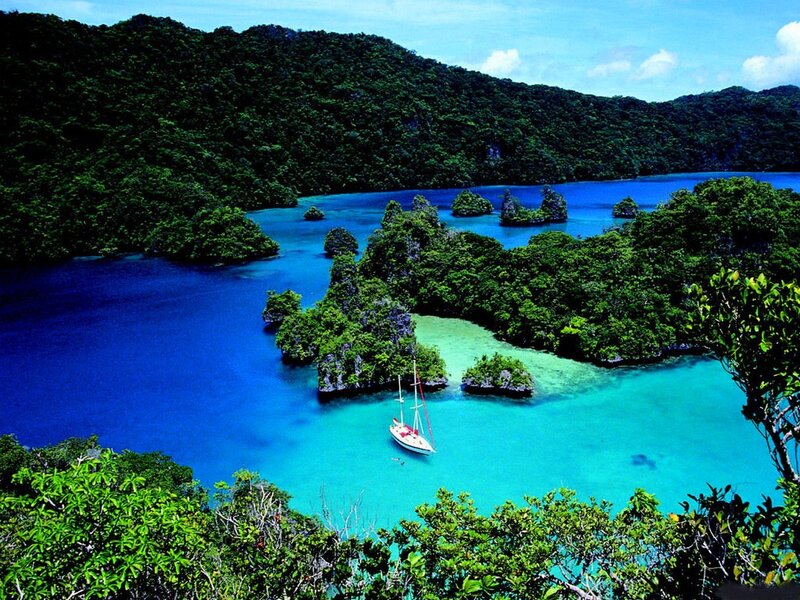 tropical island bay with sailboat