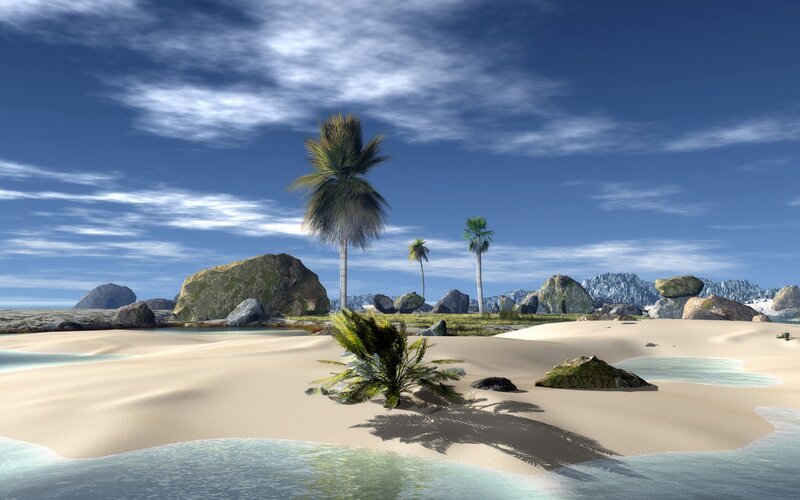 Tropical Island Beach — Blue, Serene, Afternoon, 3d Render, Palm Trees, Rocks, Sand Dunes