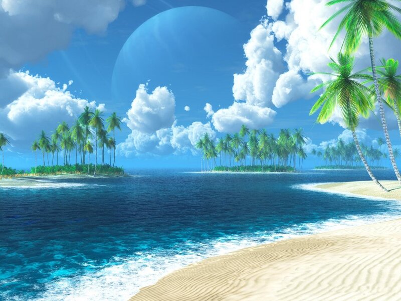 Tropical Island Beach — Blue, Serene, Afternoon, Digital Art, Palm Trees