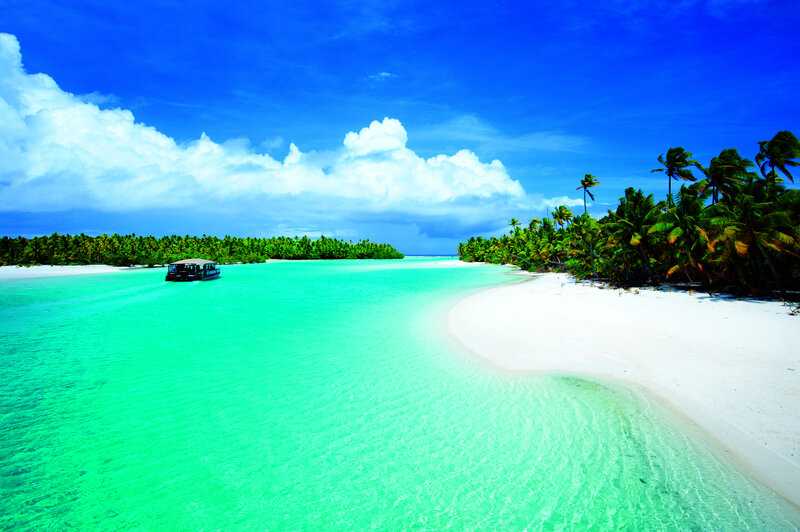 Tropical Island Beach — Blue, Serene, Afternoon, Photograph, Palm Trees, Boat, Clouds