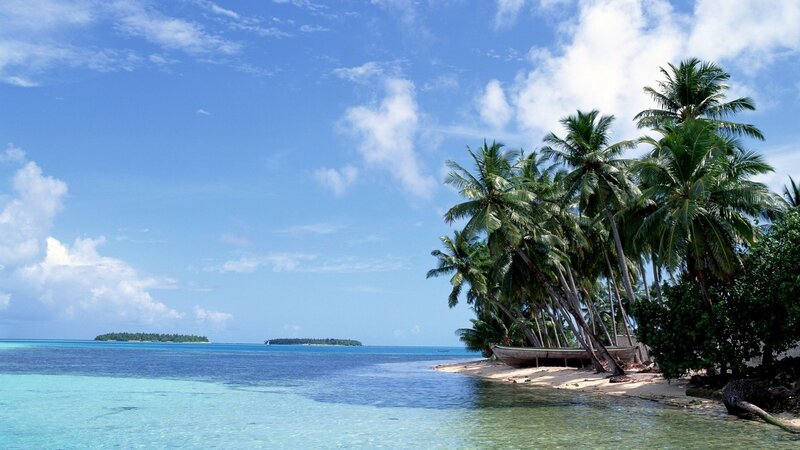 Tropical Island Beach — Blue, Serene, Afternoon, Photograph, Palm Trees, Boat, Islands, Ocean