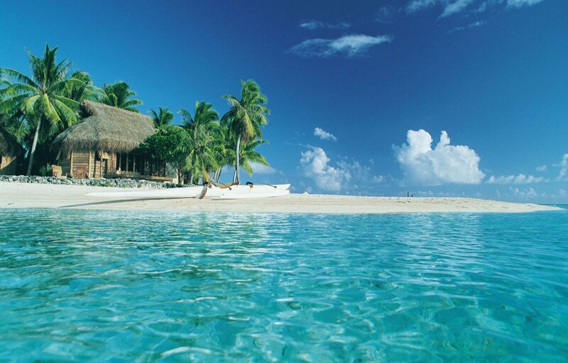 Tropical Island Beach — Blue, Serene, Afternoon, Photograph, Thatched Hut