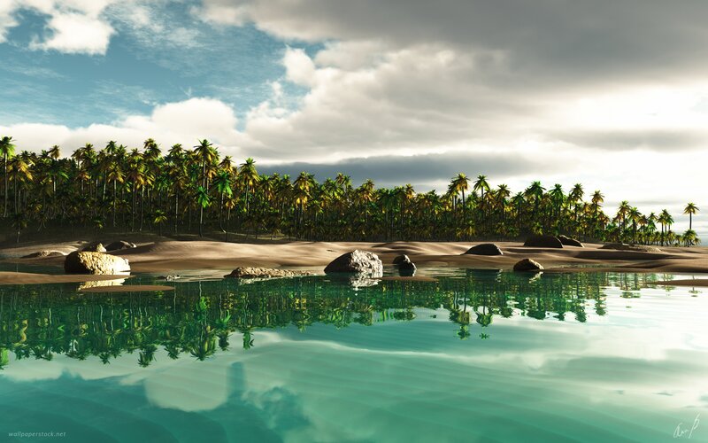 Tropical Island Beach — Green, Serene, Afternoon, Digital Art