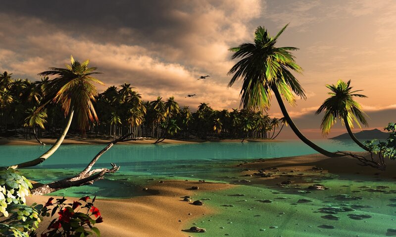 Tropical Island Beach — Green, Serene, Sunset, Digital Art