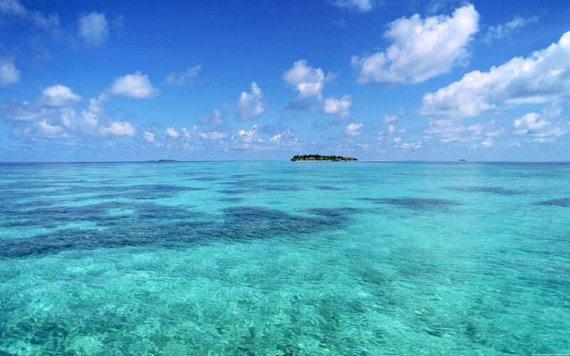 tropical island in clear blue sea