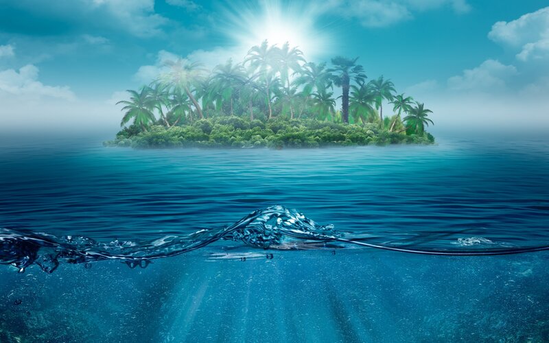 Tropical Island in Ocean — Blue, Serene, Afternoon, Digital Art, Palm Trees