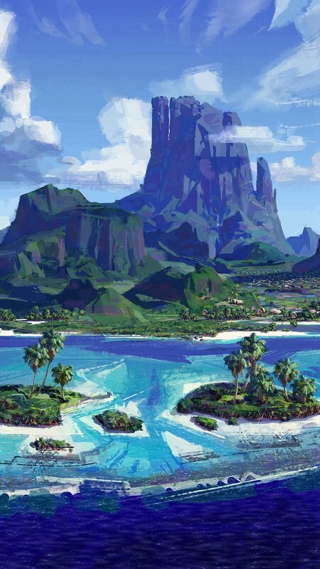 Tropical Island Landscape — Blue, Serene, Afternoon, Digital Art, Mountain