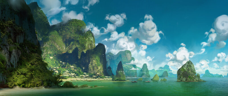 Tropical Island Landscape — Blue, Serene, Afternoon, Digital Art, Mountains