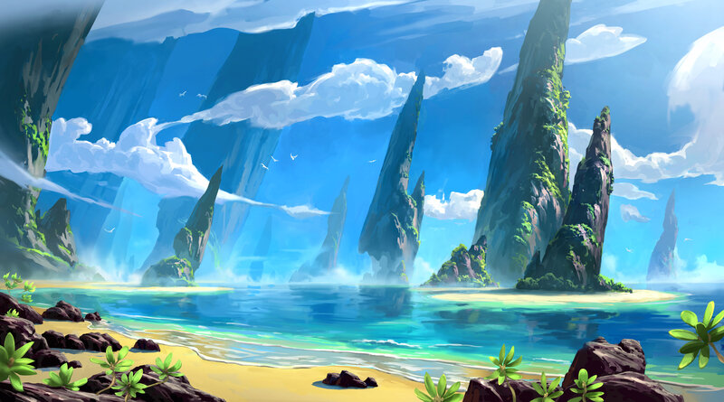 Tropical Island Landscape — Blue, Serene, Afternoon, Digital Art, Rock Formations