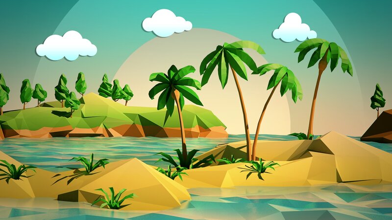 Tropical Island Landscape — Green, Serene, Afternoon, Digital Art, Palm Trees