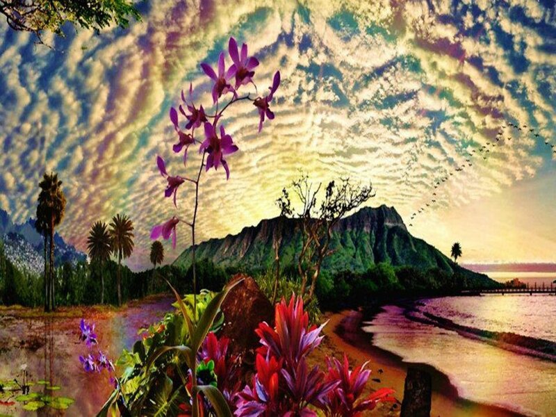 Tropical Island Landscape — Green, Serene, Sunset