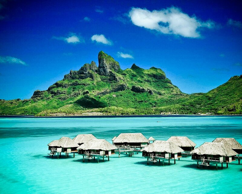 Tropical island overwater bungalows