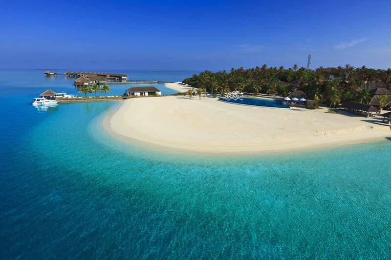 Tropical Island Resort — Blue, Serene, Afternoon, Photograph, Beach, Palm Trees, Overwater Bungalows, White, Green