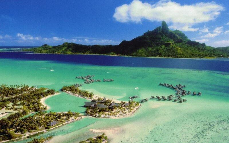 Tropical Island Resort — Blue, Serene, Afternoon, Photograph, Mountain, Overwater Bungalows, Coral Reef, Sailboat, Green