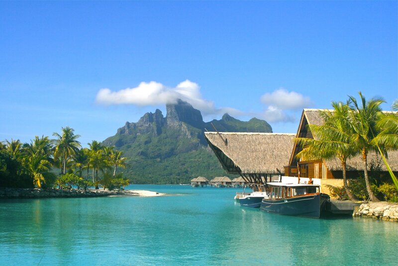 Tropical Island Resort — Blue, Serene, Afternoon, Photograph, Mountain, Palm Trees