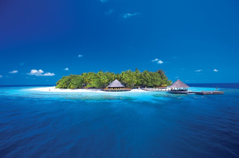Tropical Island Resort — Blue, Serene, Afternoon, Photograph, Palm Trees, Beach, Huts