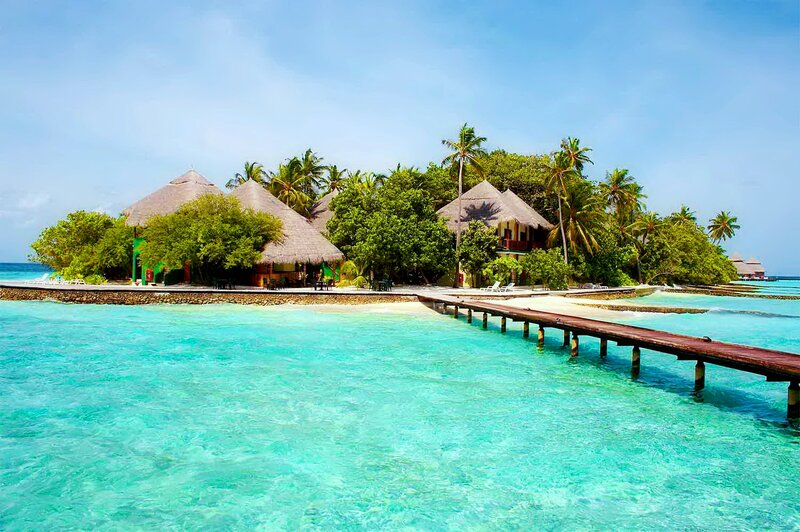 Tropical Island Resort — Blue, Serene, Afternoon, Photograph, Palm Trees, Thatched Roofs