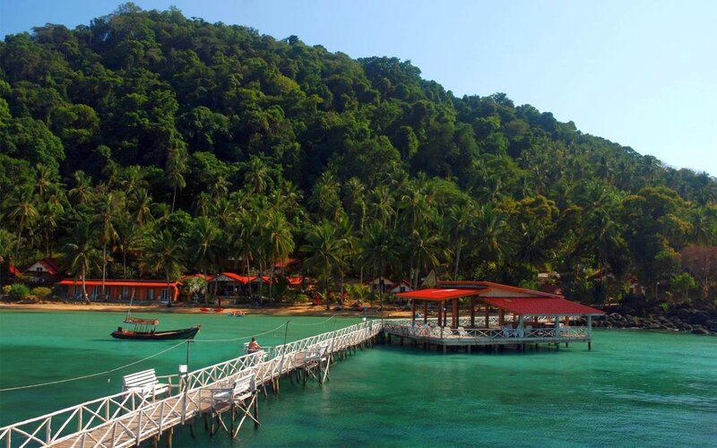 tropical island resort with pier