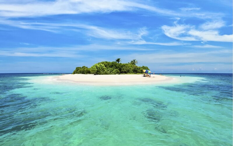 Tropical Island Sandbar — Blue, Serene, Afternoon, Photograph, Beach