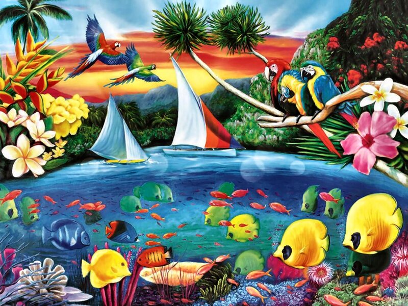 Tropical Island Scene — Blue