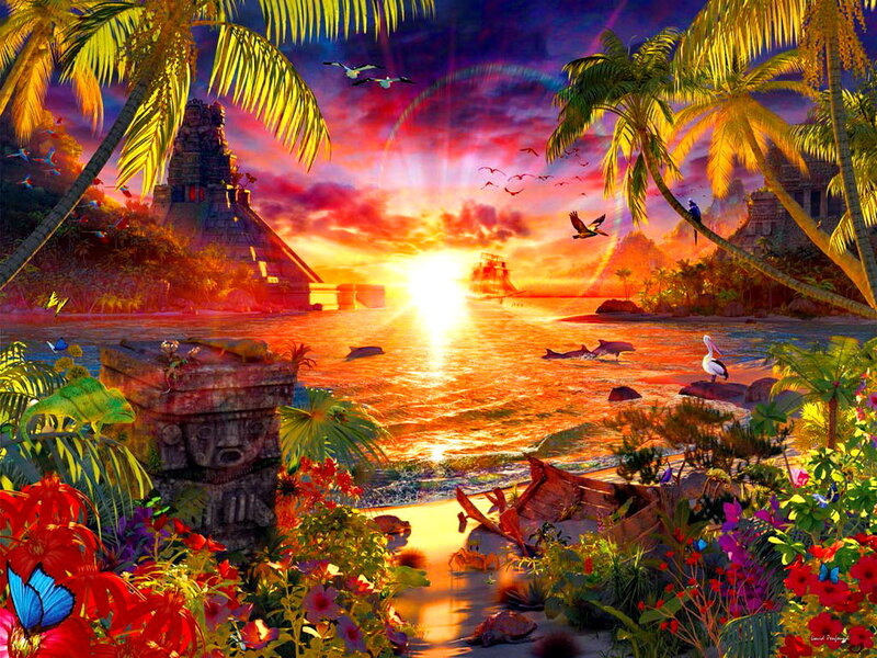Tropical Island Sunset — Orange, Dramatic
