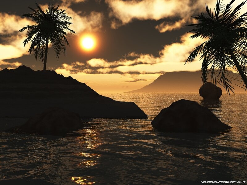 Tropical Island Sunset — Orange, Serene, Digital Art, Palm Trees, Rocks