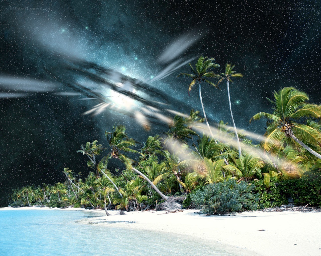 Tropical island under starry sky