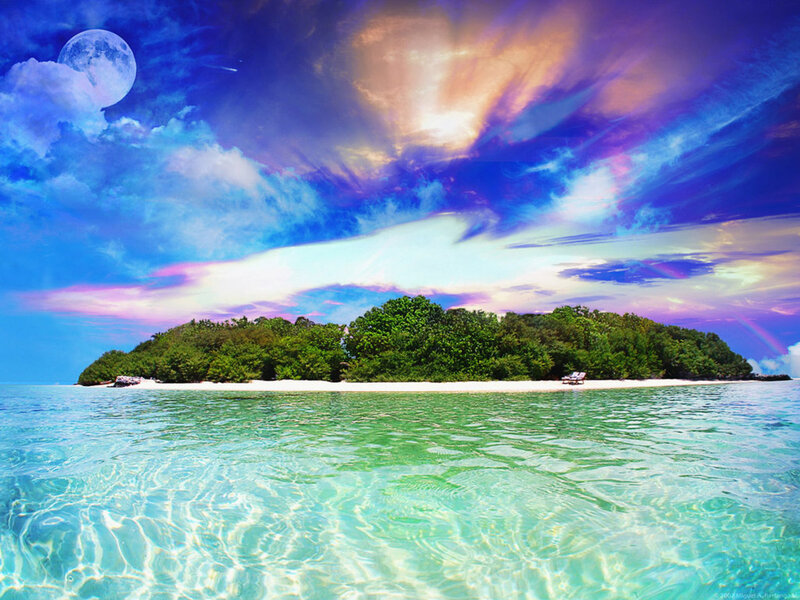 Tropical Island with Beach — Blue, Dreamy