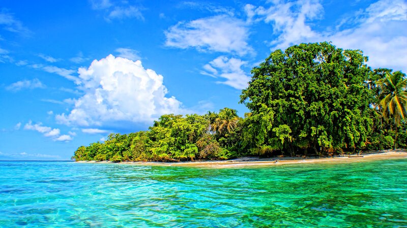 Tropical Island with Beach — Blue, Serene, Afternoon, Photograph, Trees