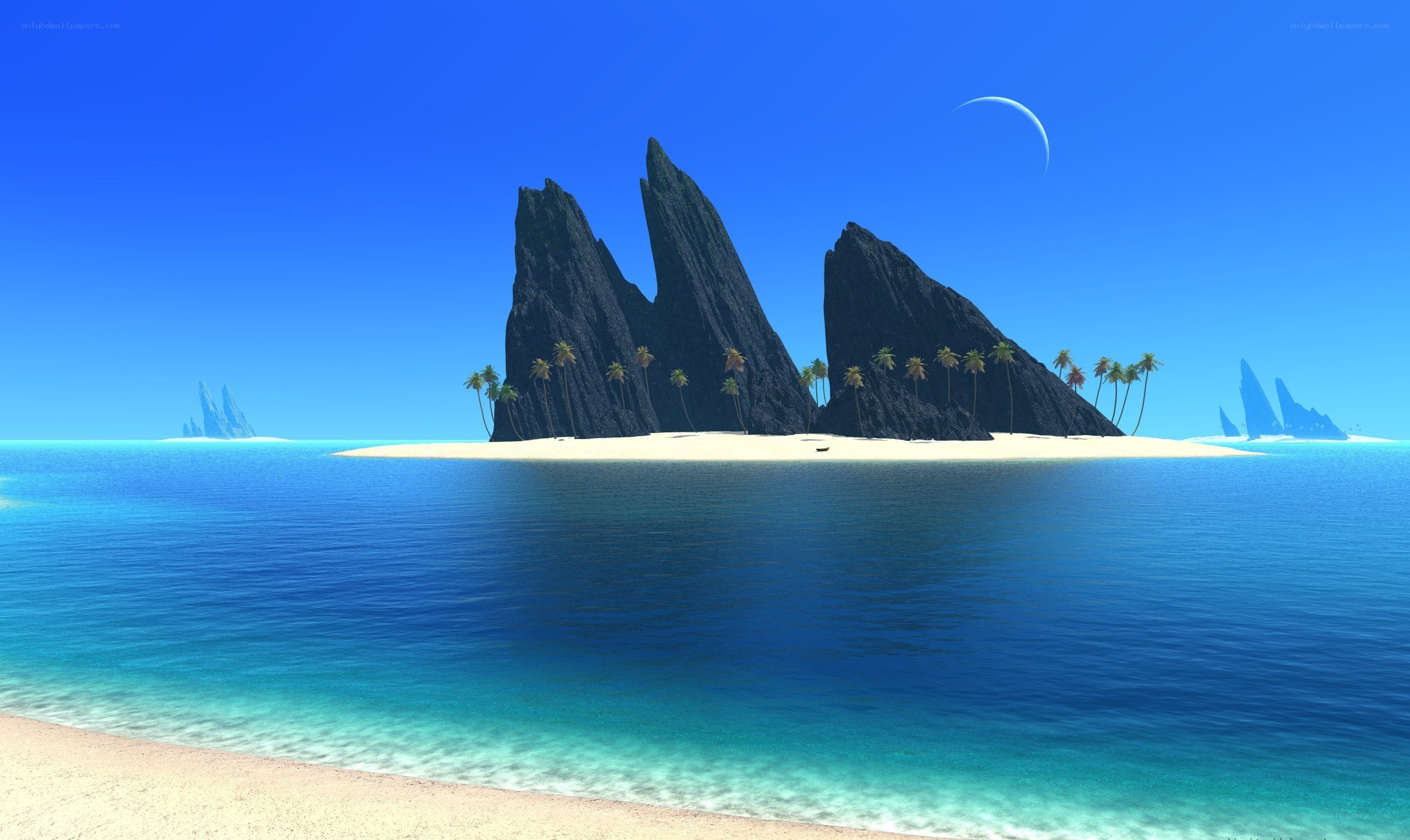 tropical island with black rocks