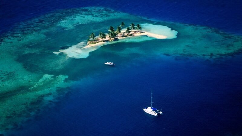 Tropical Island with Boats — Blue, Serene